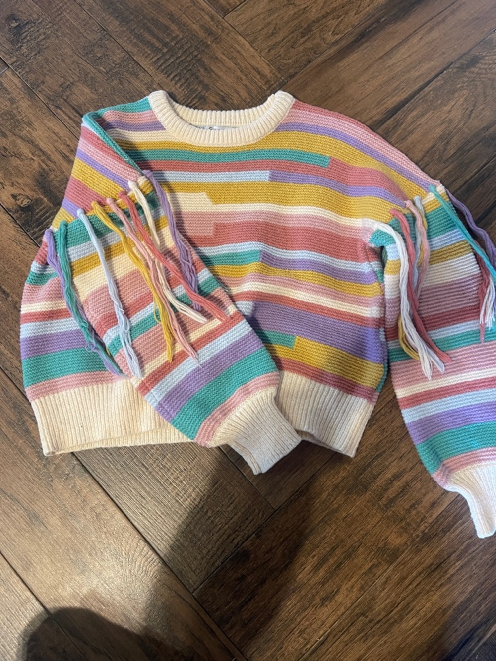 Pastel Stripe Fringe Detail Women's Sweater - Cream Multicolor